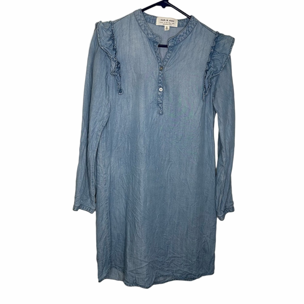 Cloth & Stone Anthropologie Blue Chambray Ruffle Denim Button Dress Size XSmall